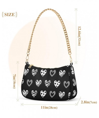 Women Chain Shoulder Purse Bag With Zipper Black and White Hearts Print, Pretty Valentine Hobo Tote Clutch Handbags with Chai...