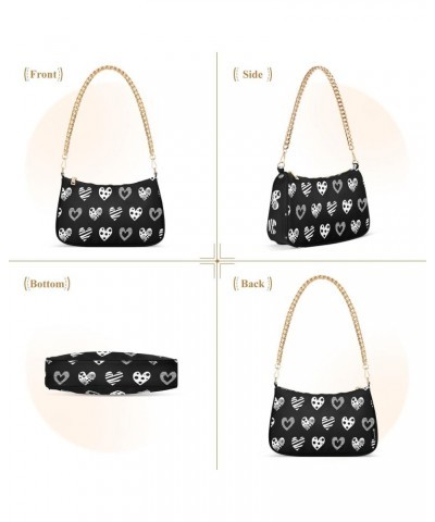 Women Chain Shoulder Purse Bag With Zipper Black and White Hearts Print, Pretty Valentine Hobo Tote Clutch Handbags with Chai...