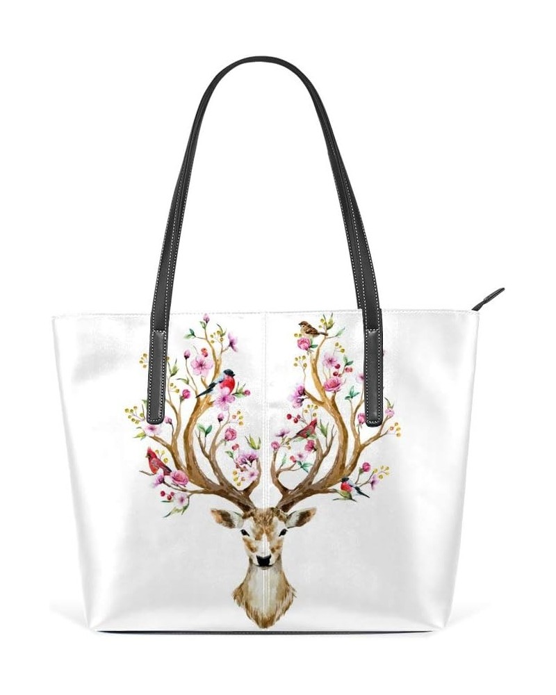 Large Work Tote Bags Women's PU Leather Fashion Watercolor Deer Handbags Shopper Bag Casual Bag $28.49 Totes